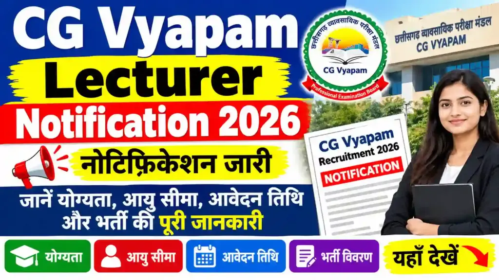 CG Vyapam Lecturer Notification 2026: नोटिफिकेशन जारी, जानें योग्यता, आयु सीमा, आवेदन तिथि और भर्ती की पूरी जानकारी