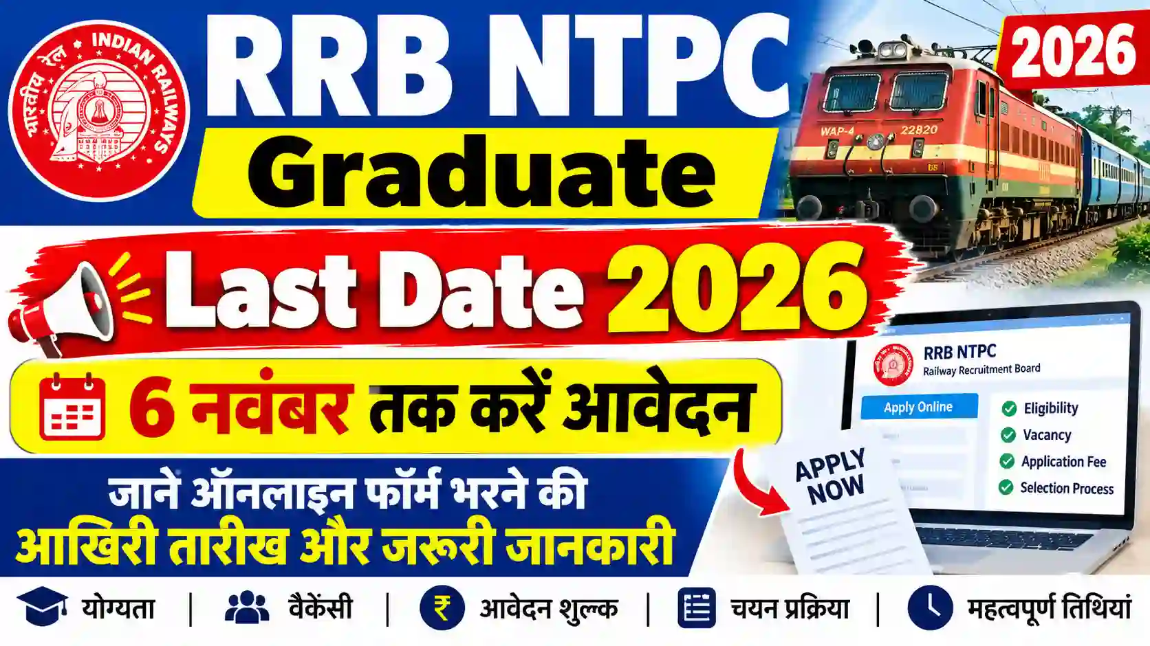 RRB NTPC Graduate Last Date 2026: 6 नवंबर तक करें आवेदन, जानें ऑनलाइन फॉर्म भरने की आखिरी तारीख और जरूरी जानकारी